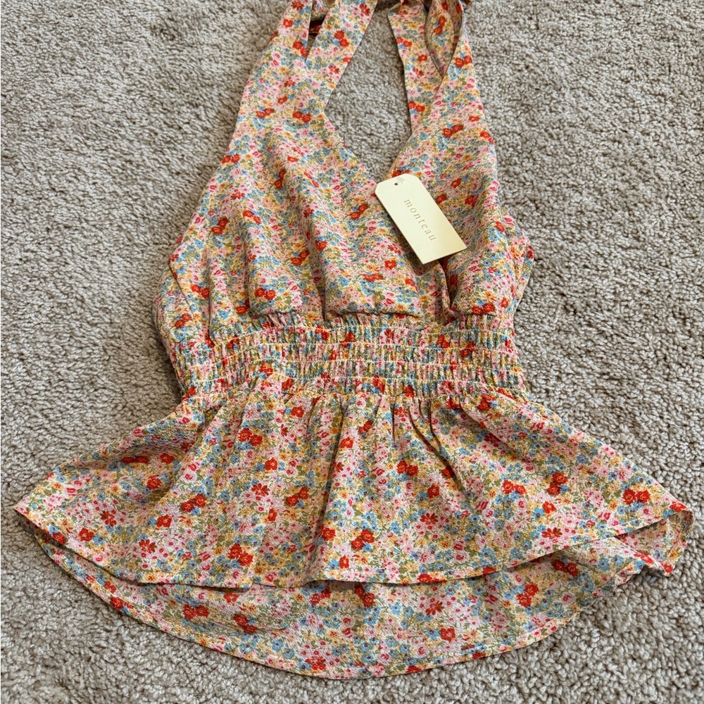 Monteau Floral Flowy Halter Top NWT Lightweight Boho Y2K Size XS